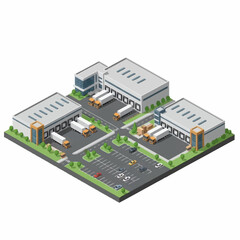 Obraz premium Isometric industrial park with warehouses and delivery trucks.