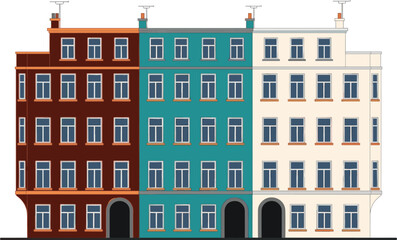 Vector illustration of colorful European urban apartment buildings featuring brown teal and cream facades with classic windows and chimneys isolated on white background for city flat design. © stock i