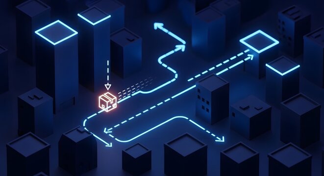 Neon outline drone delivery route over city blocks package icon descending urban logistics