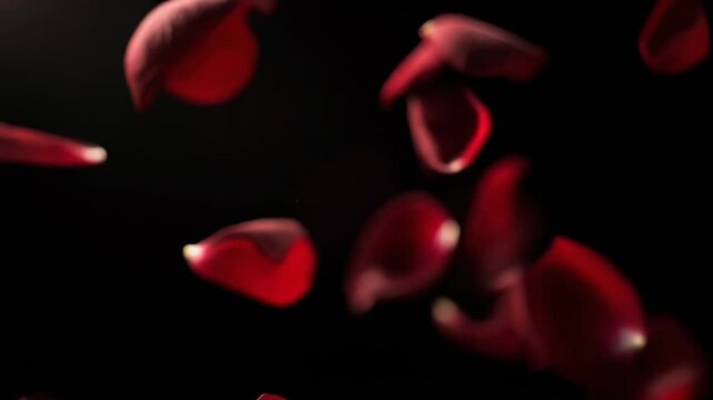 Red rose petals swirling gracefully over dark background romantic floral motion video