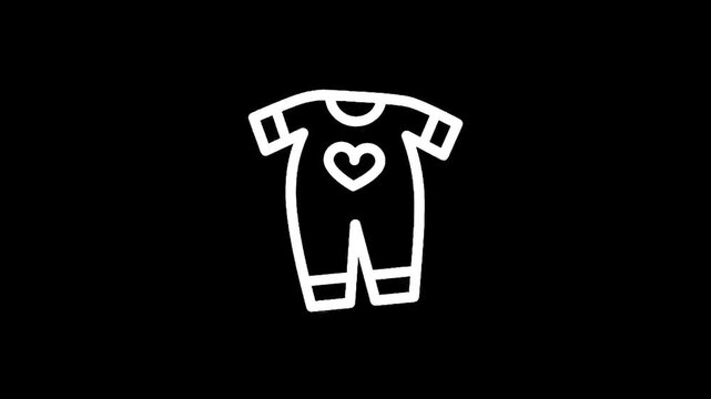 Simple white outline of a baby onesie with a heart on the chest against a black background