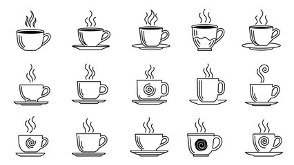 Obraz premium Simple outline icons of steaming hot beverage cups on saucers for coffee shop menus, tea room branding, and cafe drink symbols.