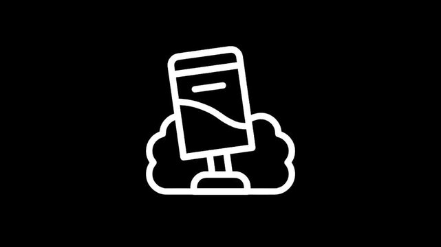 White outline icon of a microphone on a stand with clouds or smoke around the base