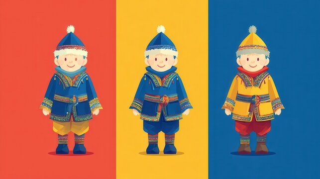 Full mi kid kti icon set: 3 outfit variations in blue-red-yellow combos, flat vector layout