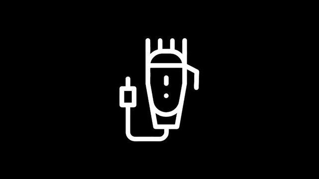 Simple white line art icon of a corded electric hair clipper on a black background