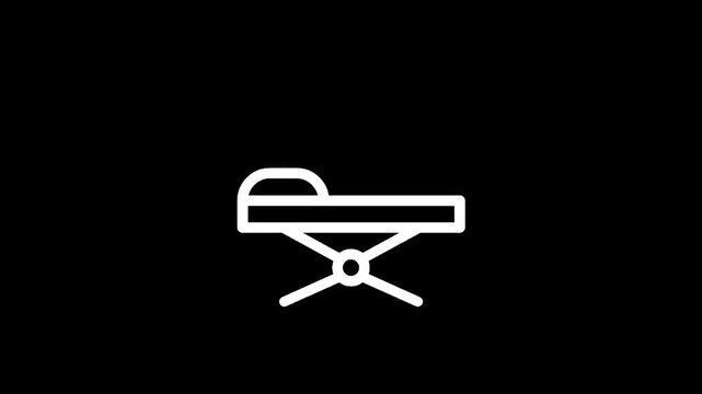Simple white icon of a medical examination table with a pillow on a black background