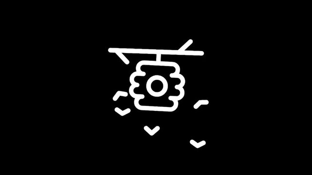 Simple line art icon of a beehive hanging from a branch with bees flying around