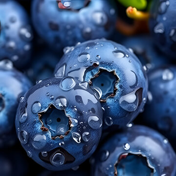 A close-up shot of fresh blueberries covered in glistening water droplets, showcasing their plumpness and rich, vibrant color.