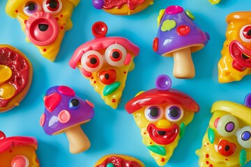 Fototapeta premium Cute colorful pizza slice toy characters with smiling faces on blue background playful cartoon food theme
