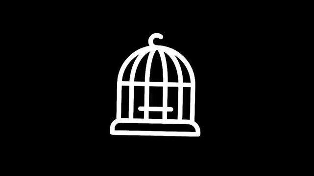 Simple white birdcage icon on a black background, minimalist design