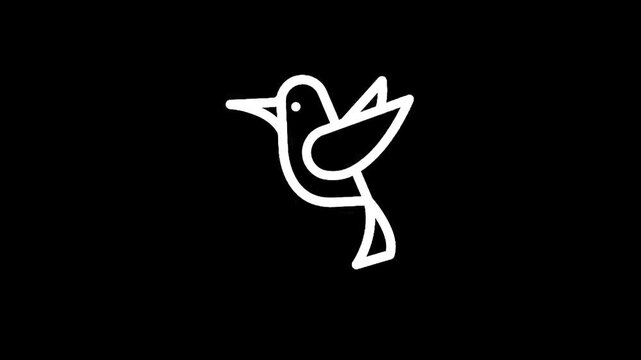 Minimalist white hummingbird icon in flight against a stark black background