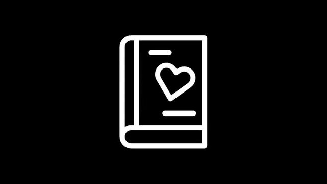 Simple line art icon of a book with a heart symbol on its cover