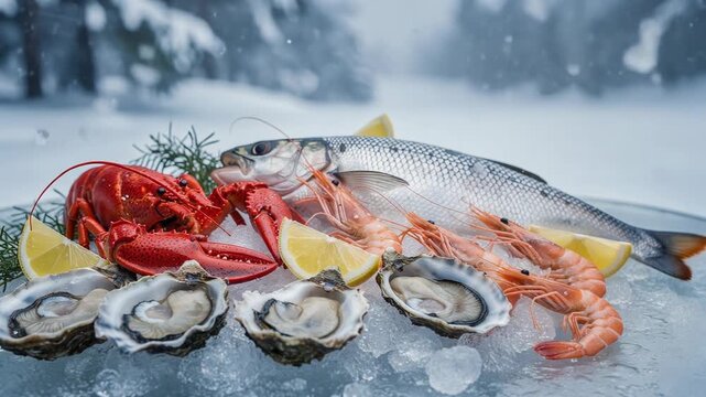 Cozy winter seafood feast with fresh lobster fish oysters served on rustic table for festive dining