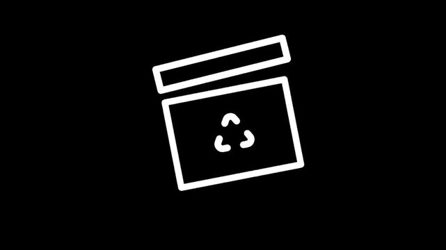 Simple white outline of a recycling bin with a lid slightly ajar on a black background