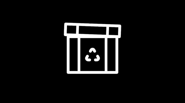 Simple white line art icon of a recycling bin with a recycling symbol on a black background