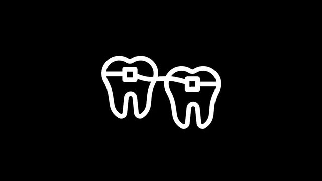 Simple line art icon of two teeth with braces connected by a wire on a black background