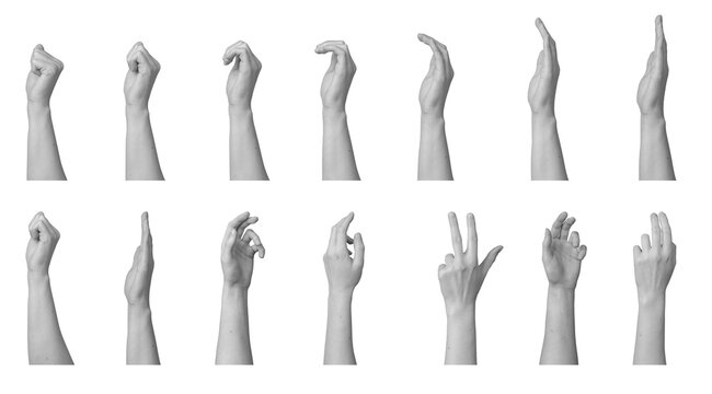 Collection of human hand gestures isolated on white background. Multiple arm poses demonstrating finger signals and communication signs. Body language reference set for gesture illustration