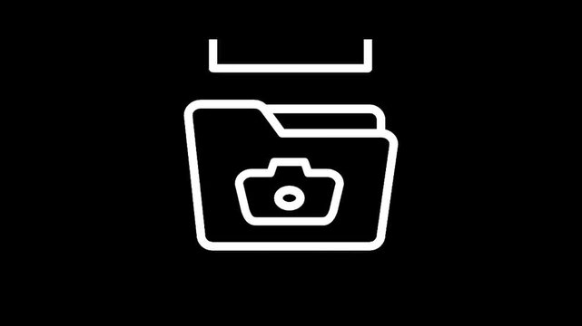 Simple white icon of a folder with a camera inside on a black background