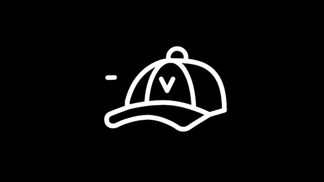 Simple white line art icon of a baseball cap on a black background