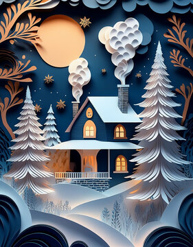 Cozy winter cabin art papercraft with moon