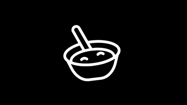 Simple white outline icon of a bowl of soup with a spoon on a black background