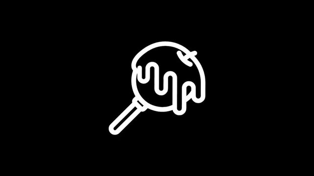 Simple white line art icon of a lollipop dripping with glaze on a black background