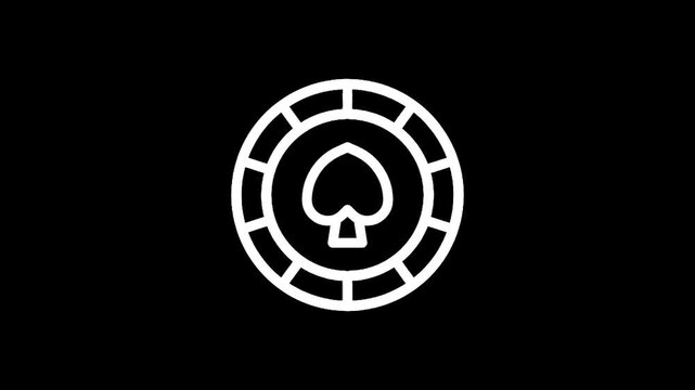 Casino chip with spade symbol on black background, simple white outline icon