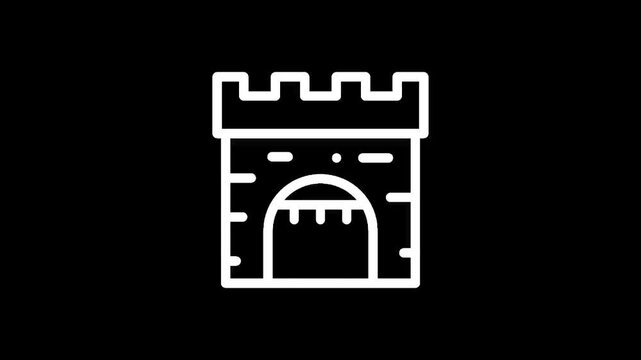 Simple white outline of a castle tower with a barred gate on a black background