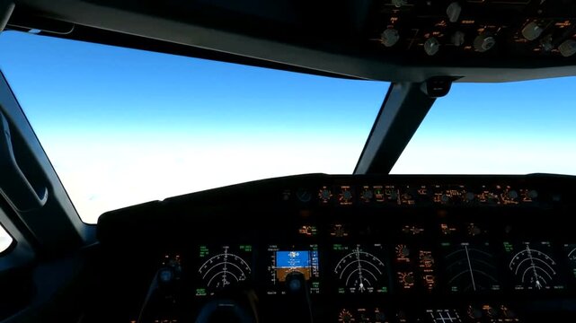 Cockpit View of a Boeing 737 Flying Above the Clouds on a Clear Day.