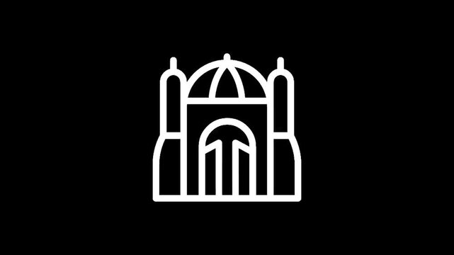 Simple white line art icon of a mosque or temple building on a black background