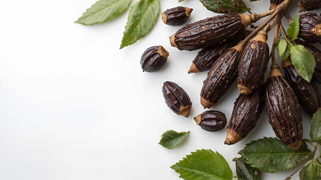 Ripe organic carob fruit pods and green leaves from locust tree on white background. Healthy alternative to cocoa and sugar