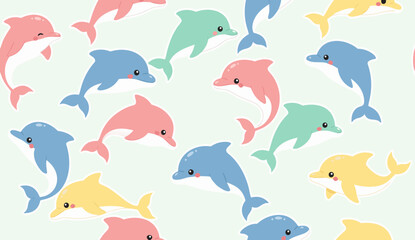 Dolphin Seamless Pattern Pastel Ocean Animal Vector Cute Sea Dolphin Background Marine Life Repeating Texture Kids Design Illustration