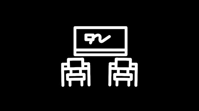 Simple line art icon of a classroom with desks and a whiteboard