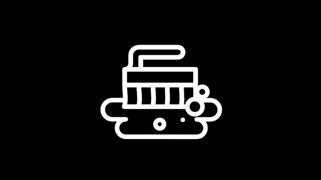 Simple white icon of a scrubbing brush with soap bubbles on a black background