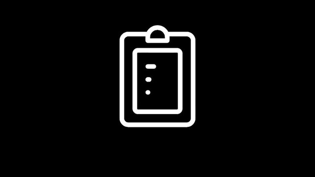 Simple white clipboard icon with bullet points on a black background, representing a list or checklist