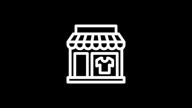 Simple white line icon of a storefront with a t-shirt displayed in the window