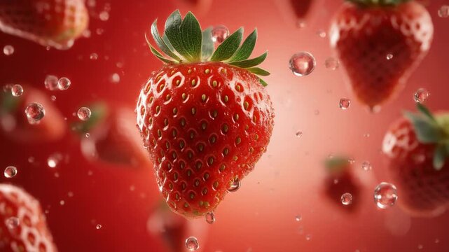Shimmering strawberries floating gracefully against soft red background mesmerizing video