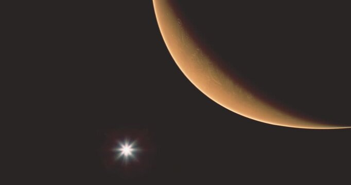 Captivating sight of Mars displaying a crescent shape, glowing softly in the night sky among distant stars. The scene highlights the planets unique features and alphanumeric colors.