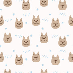 Obraz premium seamless minimal Cute Dog Face with Stars and Raindrops, Pastel Nursery repeat pattern background, flat vector illustration graphic design
