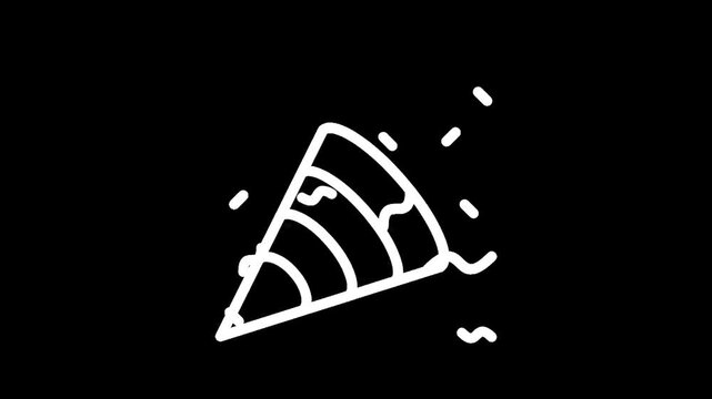 Simple white party hat icon with confetti on a black background, minimalist celebration design