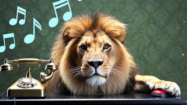 A lion sitting at a desk with a telephone and computer mouse while musical notes float around, creating a whimsical, charming atmosphere