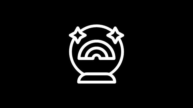 Stylized crystal ball icon with rainbow and stars on a black background