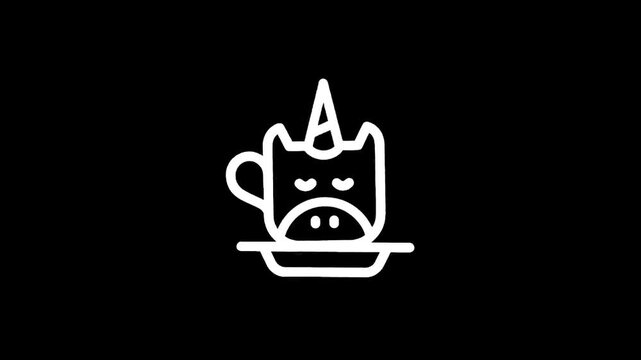 Whimsical unicorn coffee cup icon with a horn and cute face on a saucer