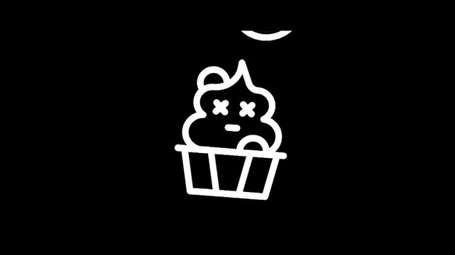 Cute cartoon cupcake with a dead face and X eyes, simple line art on black background