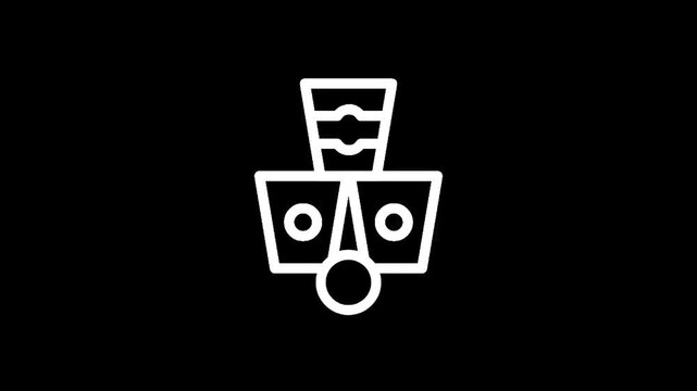 Stylized white icon of a retro robot head on a black background