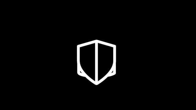 Minimalist white shield icon on a black background, representing security and protection