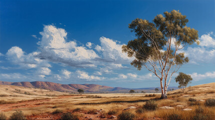 Australian outback landscape with warm tones, showcasing a serene view with vibrant trees.