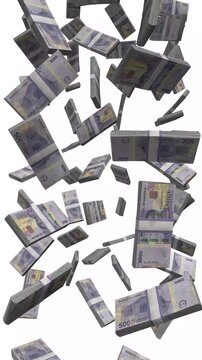 Vertical Angola Money, Falling Angolan Kwanza, AOA Cash Isolated on White, 4K