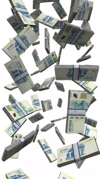 Vertical Argentina Money, Falling Argentinian Peso, ARS Cash Isolated on White, 4K