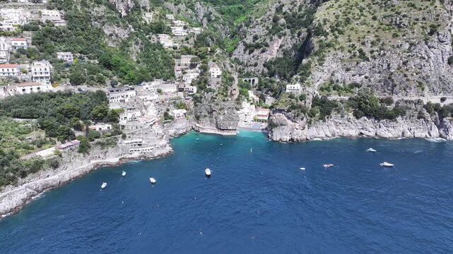 Amalfi Coast At Praiano In Salerno Italy. Beach Landscape. Giant Cliffs Scene. Amalfi Coast At Praiano In Salerno Italy. Medieval City Skyline. Gulf Of Salerno Mediterranean Sea. Beach Skyline.